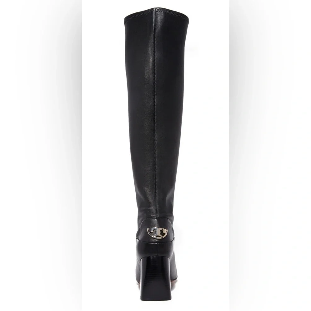 Tory Burch Black Sidney Leather 70mm Knee Boot. Stacked heel. Metal heel logo. 7